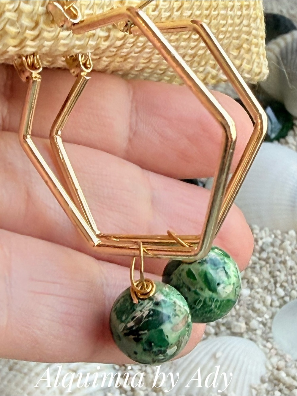 Gold Hexagon Hoop Earrings with Green turquoise Beads